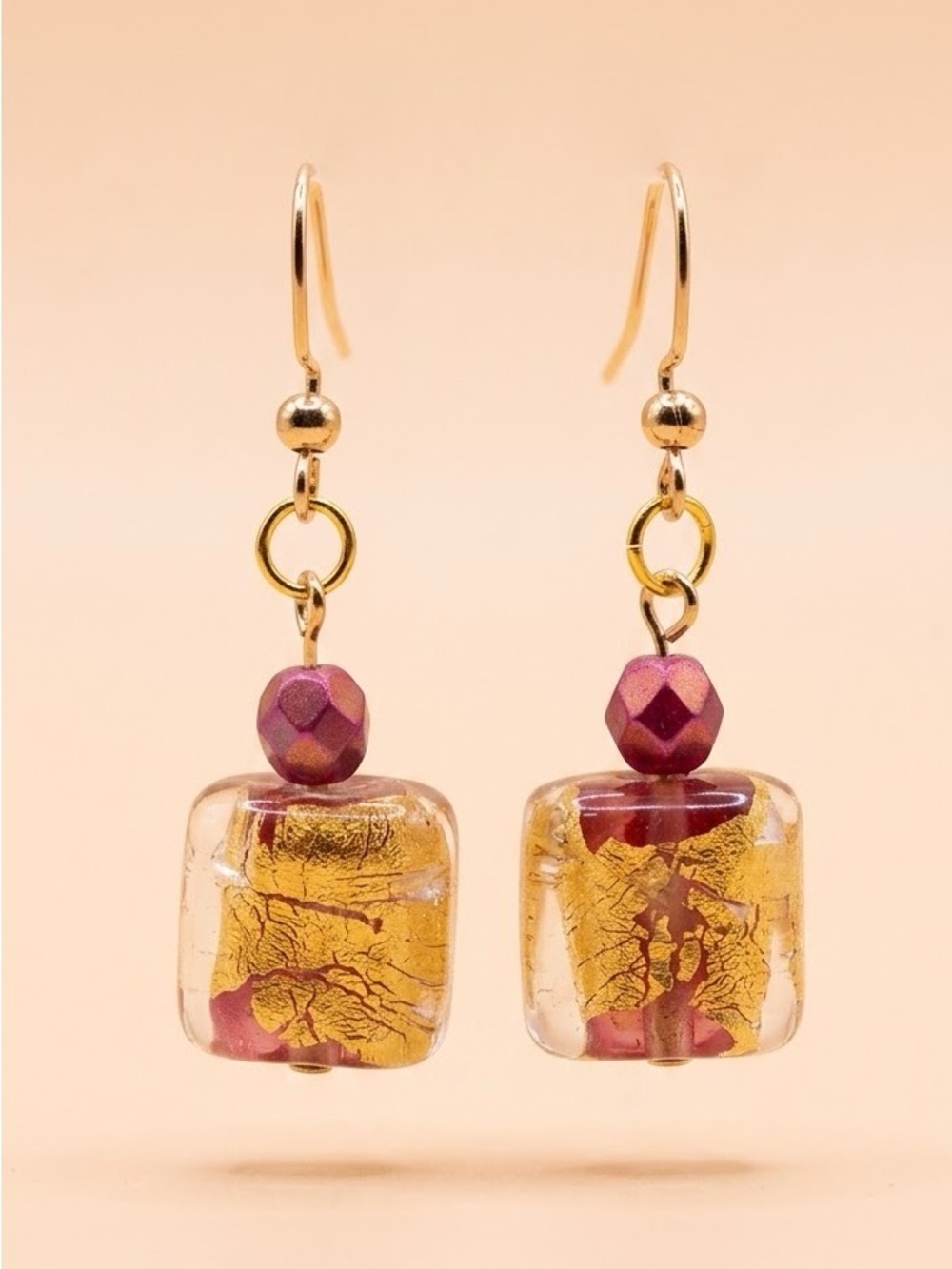 Hand Crafted Gold Foil and Purple Glass Cube Dangle Earrings - Women Jewelry